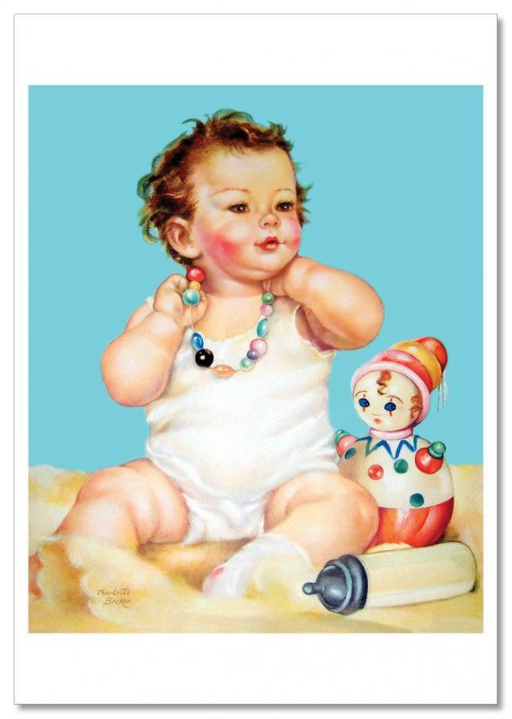 Charlotte Becker ART ~ LITTLE GIRL Doll beads Toy Bottle milk Modern postcard