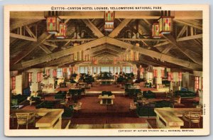 Yellowstone Natl Park WY~Interior Canyon Hotel Lounge~Vintage Linen Postcard