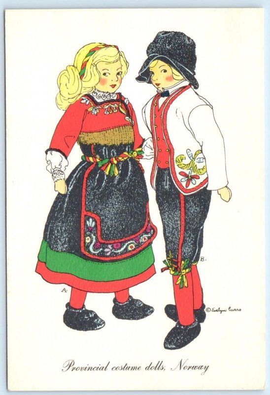 NORWAY ~ Artist Evelyn Curro PROVINCIAL COSTUME DOLLS 4½x6½ Postcard