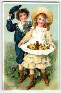 Easter Postcard Victorian Children Tray Of Baby Chicks 1909 Series 700 Tuck