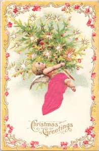 Charming Antique CHRISTMAS Postcard - Cherub Holds Christmas Tree Applied Silk