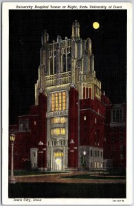 1941 University Hospital Tower at Night State University of Iowa Posted Postcard