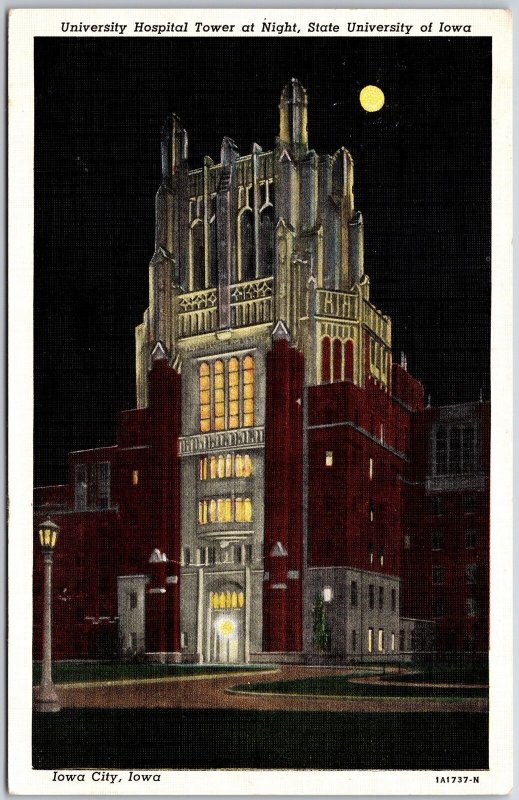 1941 University Hospital Tower at Night State University of Iowa Posted Postcard