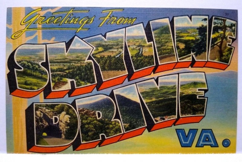 Greetings From SkyLine Drive Virginia Large Big Letter Linen Postcard Unused VA