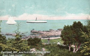 Vintage Postcard 1909 New York Boat Entering Harbor From Cape Casino Portland ME