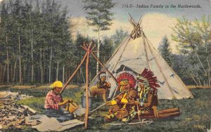 Native American Indian Family Tepee Northwoods Minnesota 1949 linen postcard