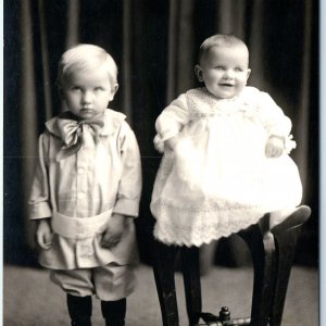 c1910s Cute Brothers RPPC Handsome Little Boy & Laugh Smile Baby Real Photo A160