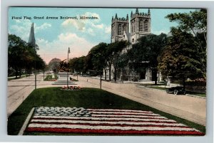 Milwaukee WI-Wisconsin, Grand Avenue Floral Flag Gardens Church Vintage Postcard