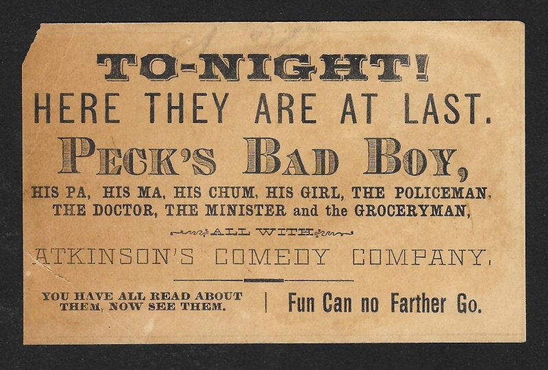 VICTORIAN TRADE CARD Atkinsons Comedy Pecks Bad Boy Black Boys & Men c1883