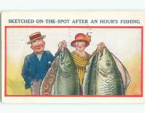 Bamforth comic fishing MAN AND WOMAN HOLDS UP VERY LARGE FISH k8219