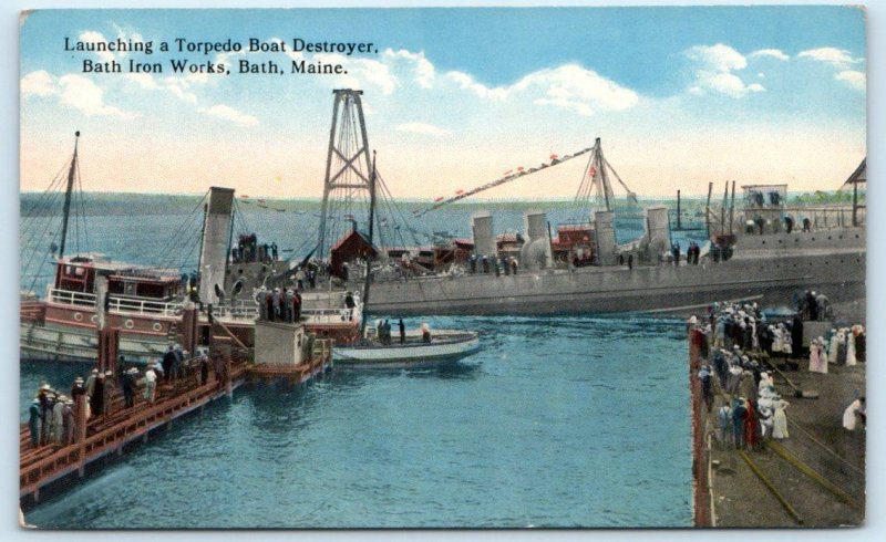 BATH IRON WORKS, Maine ME ~ Launching TORPEDO BOAT DESTROYER c1910s Postcard