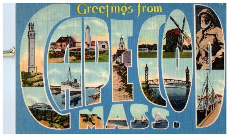 Greetings from Cape Cod Massachusetts Large Letter Vintage Postcard 1943
