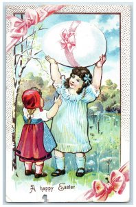 1908 Happy Easter Children Wrap Giant Egg Embossed Posted Antique Postcard