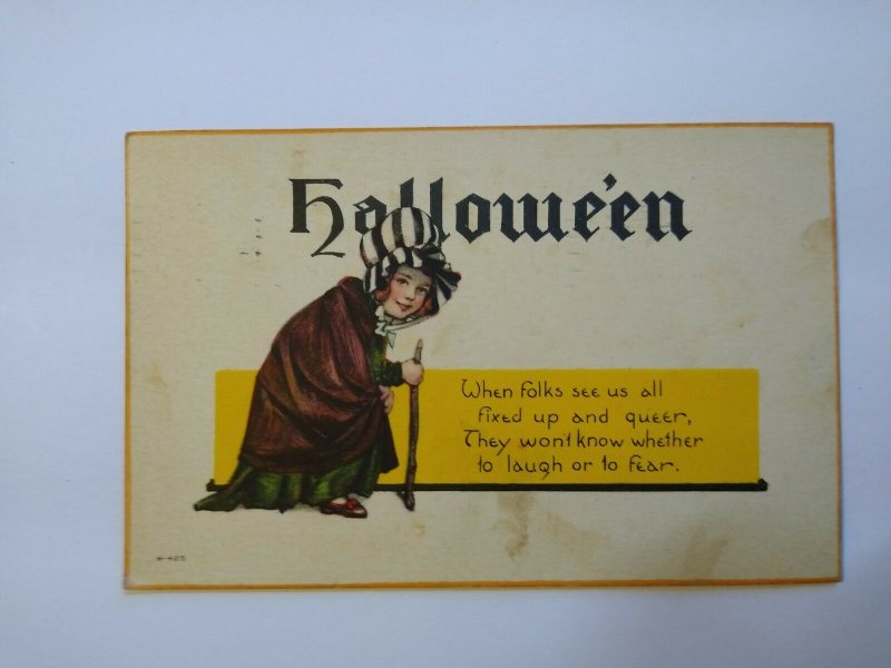 Halloween Postcard Nash Series H 425 Girl In Bonnet Wilkes Barre PA 1923