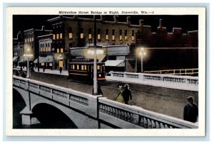 Milwaukee Street Bridge At Night Janesville Wisconsin WI Vintage Postcard