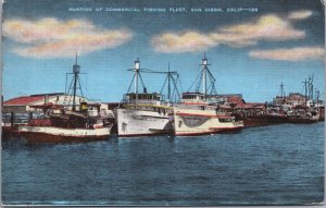 Portion Of Commercial Fishing Fleet San Diego California Linen Postcard C036