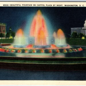 c1940s Washington DC Night View Fountain Capitol Plaza Colorful Lights Card A228