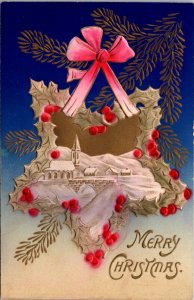 Merry Christmas Postcard Airbrushed Holly Star with Snowy Town Scene Inside