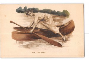 Woman Canoeing Art Vintage Postcard