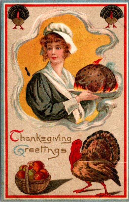 Thanksgiving Postcard Pilgrim Woman Carrying Food on Fire Smoke Turkey Apples