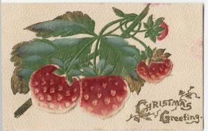 Best Wishes, Embossed & Applied Fabric Strawberries PPC, c 1905 - 1910, Unposted