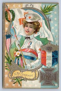 J87/ Patriotic Postcard c1910 Comrade G.A.R. Woman Red Cross Nurse 595