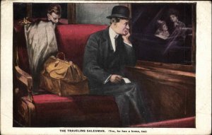 Traveling Salesman on Train Dreams of Family Home c1910 Vintage Postcard