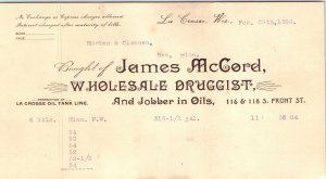 1903 / 1896 La Crosse Wis Letterhead LOT James McCord Wholesale Drugs Receipt R1