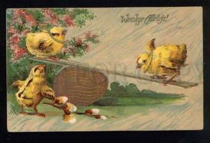 3041158 CHICKENS on Swing. Gold EGG. Vintage EASTER RPPC 1915 y