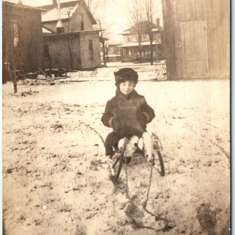 c1910s Cute Little Girl Toy Sled Big Handwarmer RPPC Snow Winter Real Photo A134