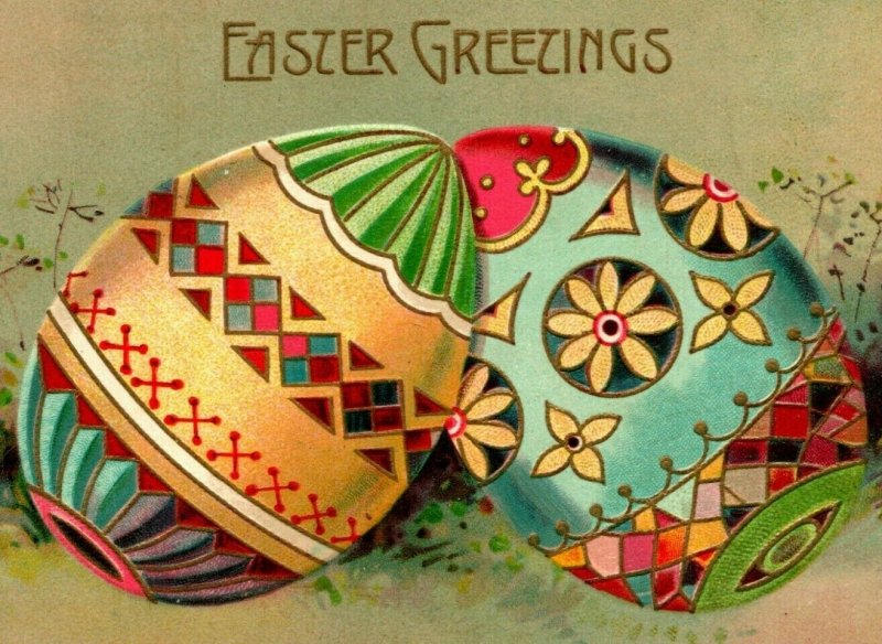 Vtg Postcard 1913 Easter Greetings Giant Ornate Decorated Eggs Embossed