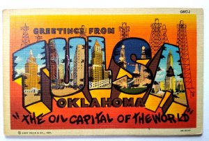 Greetings From Tulsa Oklahoma Large Letter Linen Postcard Curt Teich Oil City