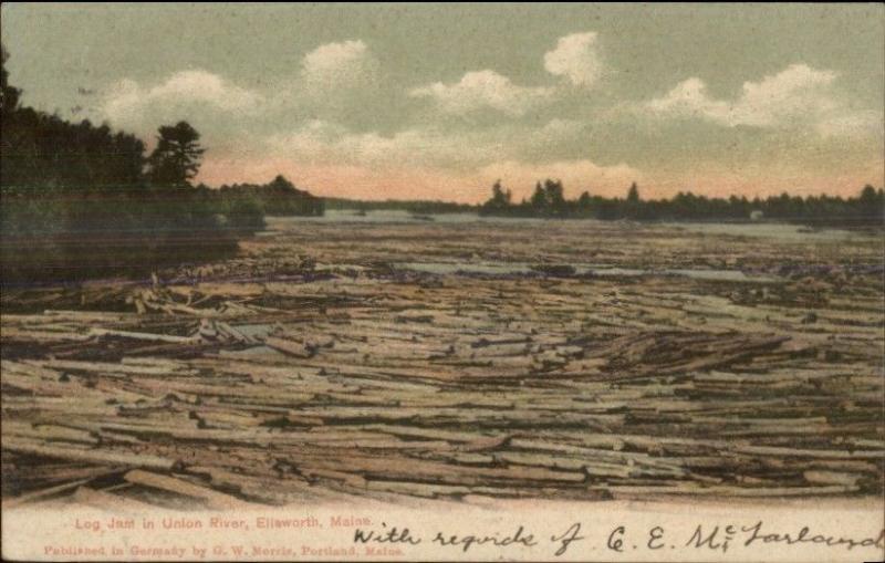 Ellsworth ME Log Jam Union River c1910 Postcard