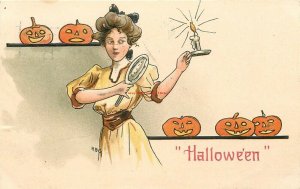 Halloween, Women Holding Candle and Mirror, Jack O Lantern, H.B Griggs, Signed