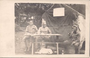 RPPC WWI Germany, Soldiers w Dog, Maps on Table, Tent, Bottle of Schnaps 1914-18