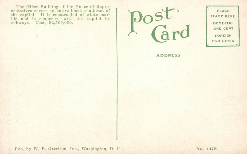 Vintage Postcard 1910's U.S. House Representative Office Building Washington DC