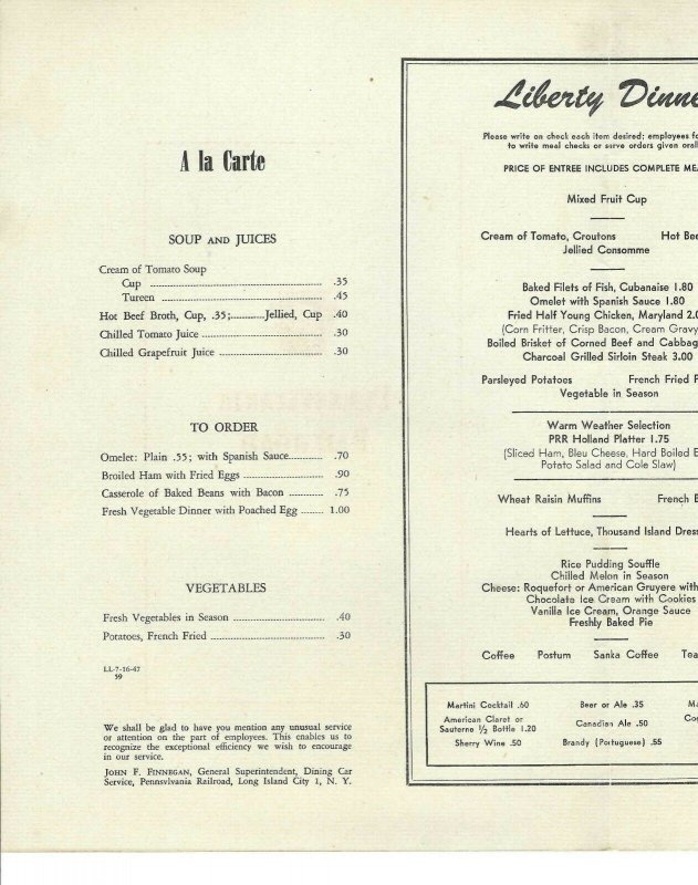 MK-078 Pennsylvania Railroad On Board Menu July 16, 1947 Vintage PRR Railway