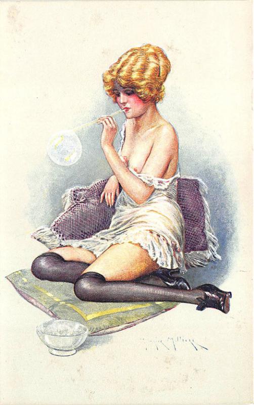 Beautiful Woman Partial Nude Blowing Bubbles Signed Maurice Milliere Postcard