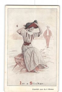 Pretty Lady Sitting On Rocks Wearing Hat Postcard 1912 I'm A Sticker