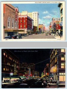 2 Postcards LITTLE ROCK, Arkansas AR ~ Night/Day MAIN STREET Scene c1940s