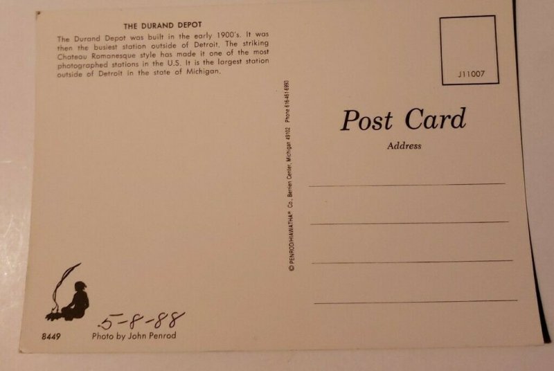 Vintage postcards Historic Railroad Train Depot Durand Michigan 1988