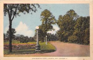 London Ontario~Springbank Park~Flower Garden~Lampposts along Drive~1938 Postcard