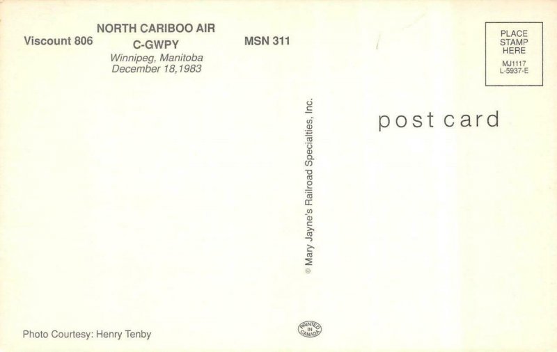 WINNIPEG, Manitoba Canada   NORTH CARIBOO AIR~Viscount 806 On Tarmac  Postcard