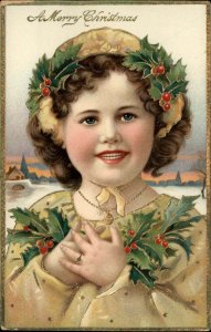 Christmas Sweet Little Girl Holly Smiling Gilt Inlay c1910 Postcard #290