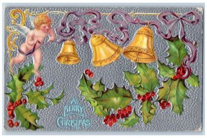 New York NY Postcard Christmas Angel Ringing Bells Holly Berries Embossed 1909