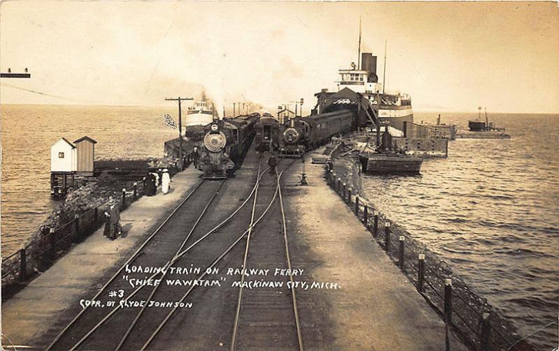 Mackinaw City MI Loading Train Chief Wawatam Railway Ferry RPPC Postcard