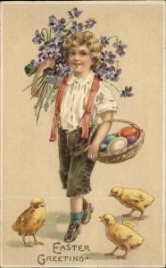 EASTER Little Boy w Chicks and Easter Eggs EMBOSSED c1910 Postcard