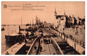 View Of The Scheldt The Landing Stage and Steen Antwerp Black And White Postcard