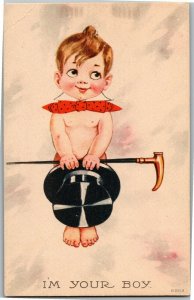 Little Boy with Top Hat, Cane, Tie I'm Your Boy Vintage Postcard A33