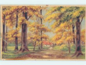 Surface Wear Pre-Linen foreign HOUSE WITH YELLOW AUTUMN LEAVES ON TREES HJ4644